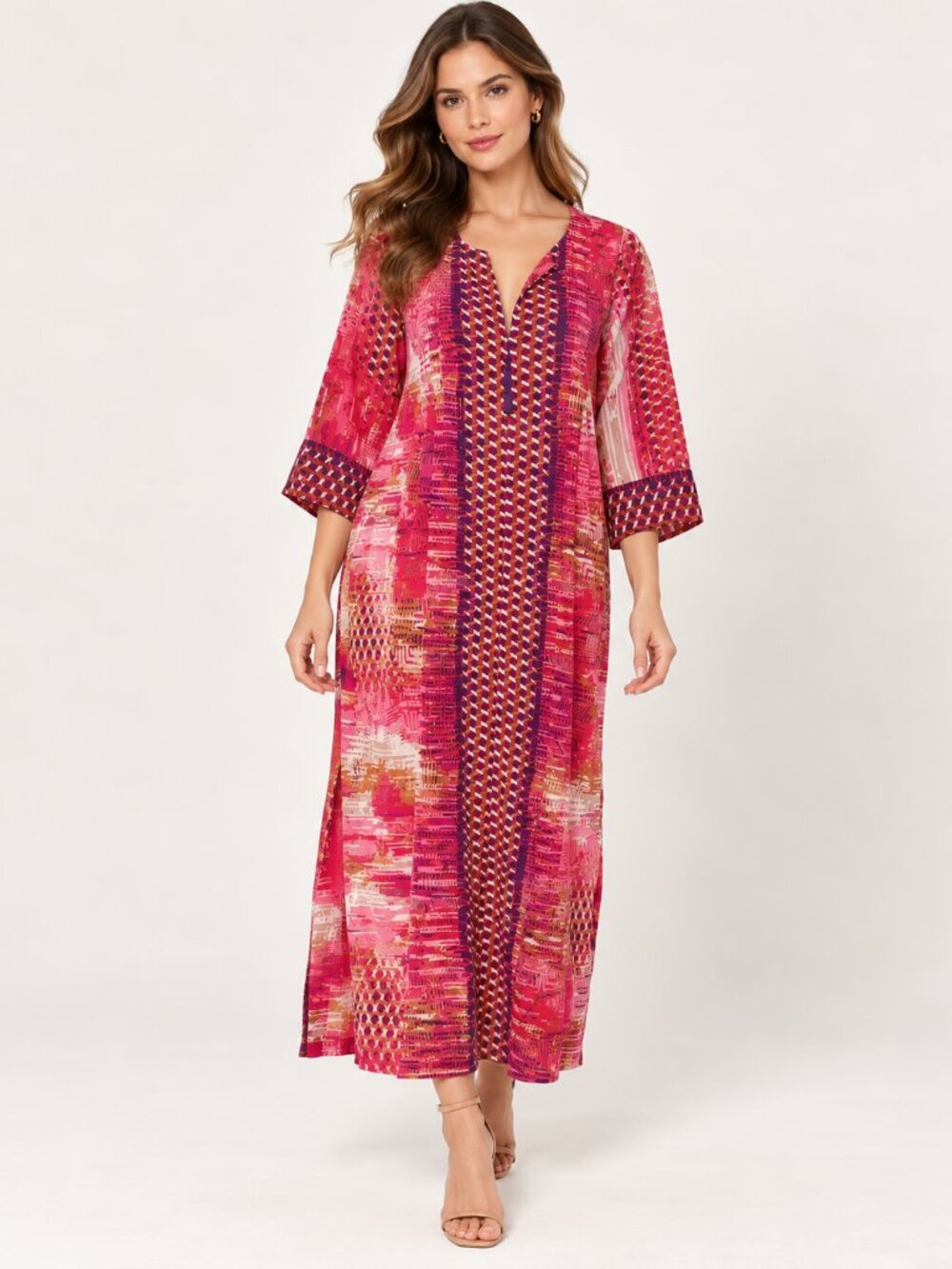 Oscar de la Renta Pink Multicolor Printed Pleated 3/4 Sleeve Maxi Dress Size M